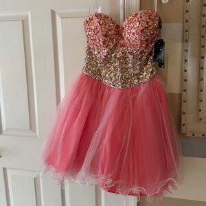 Terani Couture pink rhinestone strapless dress